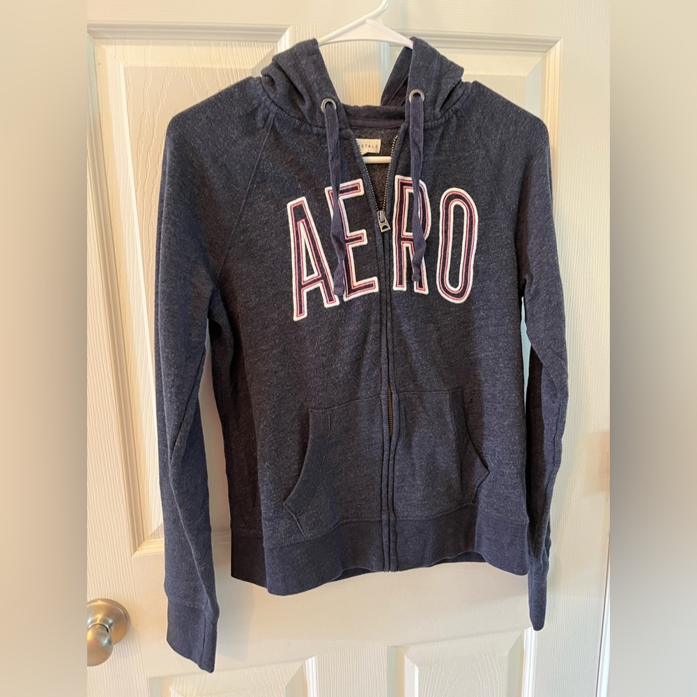 AEROPOSTALE Dark Blue Pink Logo Front Zip Hoodie